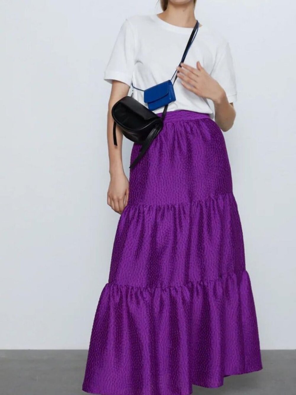 Zara Voluminous Tiered Textured Purple Maxi Skirt. size: small